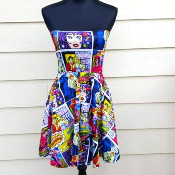 Pop Art Comic Printed Tight Strapless Dress Adult Halloween Party Costume (XS) - Picture 3 of 11